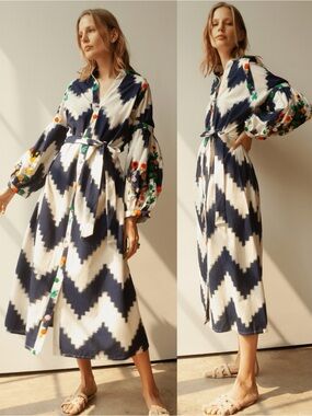 Guadalupe Womens Embroidered Rambagh Flower Chevron Midi Shirt Dress Size M